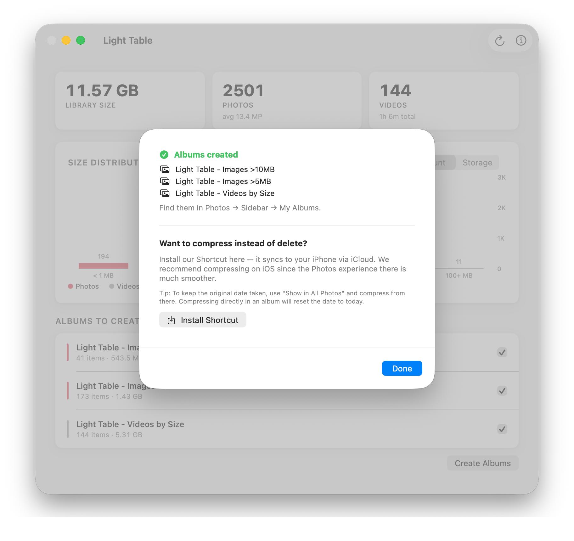 Albums created in Photos with compression shortcut option